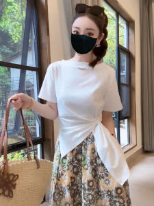 Slim Fit Short Sleeve T-Shirt Womens Summer 2025 Pure Desire Style Asymmetrical Slit Casual Fashion round Neck Top