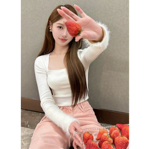 White Square Collar Patchwork Knitwear Short Style Womens Inner Wear Base Shirt Slim Fit Daily Style Long Sleeve Autumn Season