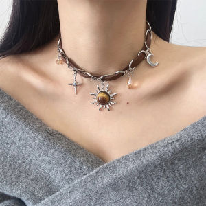 Gothic Brown Sunflower Leather Necklace Stars Moon Vintage Pendant Chocker Punk Necklaces for Women Fashion Jewelry Couple Gift