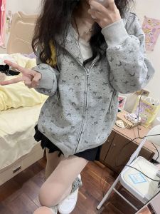 Retro American Floral Butterfly Knot Full Print Grey Hoodie Women Spring Autumn 2024 New Style Girl Feeling Jacket Trendy