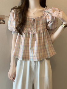 Plus Size Plus Size Ladies Short Sleeve Plaid Shirt Womens Summer French Style Design Loose Slimming Belly-Covered Short Baby Shirt Top