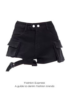 Retro American High Waist Black Denim Shorts Womens Spring Autumn Style Hot Pants Slimming Straight Leg Jeans Short Length