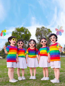 Rainbow ลายทาง ชุดนักเรียนแขนสั้นชุดการสําเร็จการศึกษาเด็ก ผ้าฝ้าย ชุดหน้าร้อน สําหรับโรงเรียนประถมศึกษา