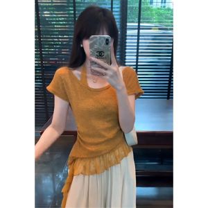 Áo Thun Tay Ngắn Ren Cổ Trễ Pure Desire Phong Cách Pháp Cho Nữ Mùa Hè Thiết Kế Mới Ôm Vừa Vặn Thời Trang Áo Thun