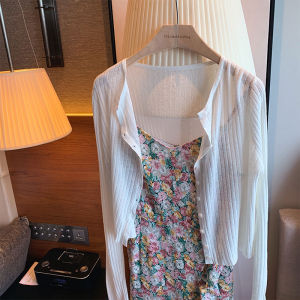 เสื้อคาร์ดิแกนไหมน้ำแข็งฤดูร้อนสำหรับผู้หญิง เสื้อคลุมกันแดดบางๆ แขนยาว คอวี ปกโปโล สไตล์เกาหลี ทรงสลิมฟิต