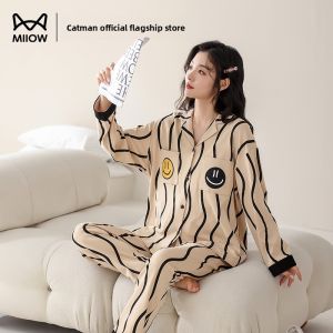 Miiow | Couples Cotton Pajamas Long Sleeve Casual Wearable Summer Home Clothes Embroidered Pattern Breathable Moisture Wicking