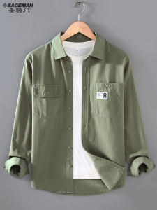 Japanese Style Simple Overalls Long Sleeve Shirt Mens Spring & Fall Retro Pure Color Casual Trendy Coat Loose Pure Cotton Tide Tops