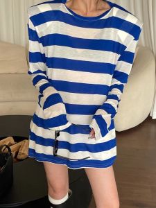 Ice Silk Long Sleeve UV Protection Clothing Womens Summer Thin Breathable Anti UV Striped T-Shirt Face Mask Commute Style Loose Fit