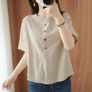 LUCKIN STORE Womens Cotton Linen T-shirt Womens Loose Casual Top Vintage Loose Stripe Shirt 2025 Summer New Blouse Plus Size