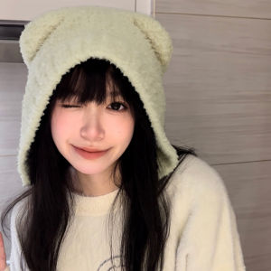 Cgediao | White Fluffy Warm Hat with Bear Ears Face Slimming