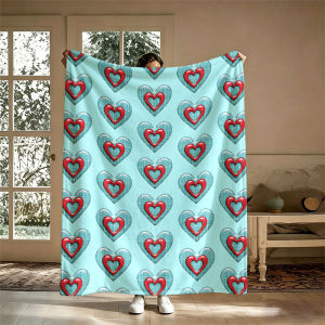 BILIBILI | Hearts Red Blue Flannel Chăn Sử Dụng 4 Mùa Chống Đóng Cọc Sofa Di Động Giường Văn Phòng Du Lịch Thư Giãn Cắm Trại Phong Cách Hiện Đại Polyester