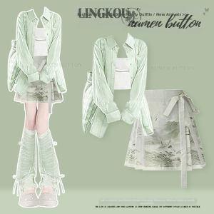 NUMEN BUTTON | Large Size Summer Elegant Simple Fresh Shirt Camisole Top High Waist Slimming Skirt Three-Piece Set