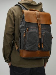 Retro Mens Outdoor Cycling Canvas Backpack Mountain Climbing Hiking Double Shoulder Bag Camping Adventure Large Capacity Computer Bag