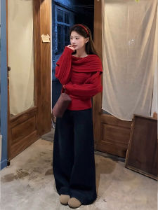 XUECAIQI | Christmas and New Year Outfit Red One-Shoulder Knitted Sweater and Pants