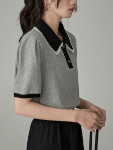 Soft Pure Cotton Grey Doll Collar Short Sleeve Polo Shirt Womens Autumn Top Comfortable Korean Style Commute Fashion