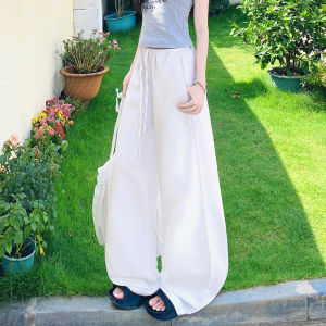 QIAOMIDUO | Summer Thin Ruffle Wide Leg Pants Womens Loose Feel Lazy Knife Blade Trousers Linen Long Pants White Casual Pants