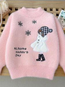 Thickened Woolen Knitted Sweater for Girls Winter Style round Neck Long Sleeve Faux Fur Baby Knitwear Base Layer Autumn Winter