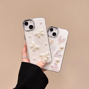 CrashStar 3D Pearl Heart Bow Fairy Pearlescent White Hard Shockproof Phone Case For iPhone 15 14 13 12 11 Pro Max Plus XS XR X 8 + 7 Plus Fashion Luxury Phone Casing Cover Shell With Metal Camera Protection Ring Hot Sale