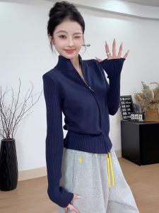 Elegant Stand Collar Long Sleeve Knitted Open Cardigan Womens Slim Fit Zipper Pure Color Spring Autumn New Style Sweater