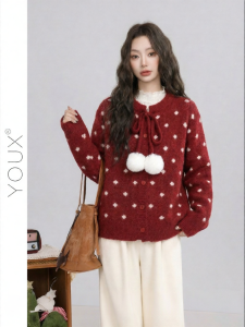 YOUXIANG | Áo Sweater Màu Đỏ Đậu Đỏ Winter với Chấm Bi Mềm