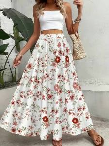 Printed Design Red & White Large Floral Print All-Season Womens Maxi Skirt Casual Elastic Waist A-Line Half Skirt
