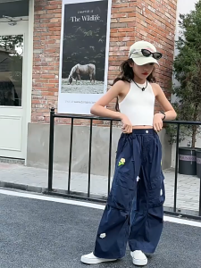 Cute Flower Cargo Pants For Kids Girls 6-15Yrs Trendy Baggy Pants Korean Loose Fit Trendy Casual Wear Perfect For Outdoor & School