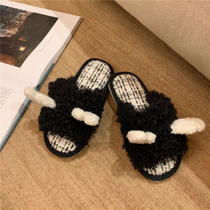Cute Butterfly Knot Plush Slippers Womens Winter Home Use Anti-Slip Sweet Style Cotton Slippers Thin Strip Trendy Slip-On Shoes