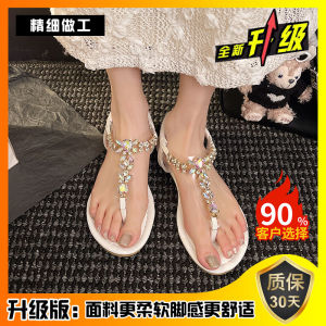 Transparent Diamond Clip-Toe Sandals Women Flat Bottom Roman Beach Shoes Summer New Style Fairy Wind French Style for Skirts