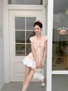 French Sweet Pink Ruffle Butterfly Knot Short Sleeve Bubble Sleeve Slimming Shirt Summer Breathable Korean Style Womens Blouse