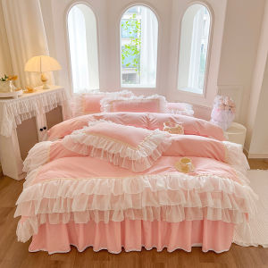 INS Scandinavian Trending Cute Girl White Lace Princess Style Cotton Bed Four-Piece Set Pure Cotton 100 Bed Sheets Bed Skirt