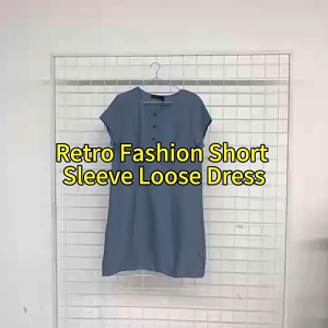 Women Vintage Fashion Buttons Crew Neck Short-Sleeved Loose Dress 2803