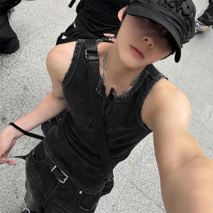 Ssumenam | Henry Collar Black Mens Tank Top Summer Rugged Design Slim Fit