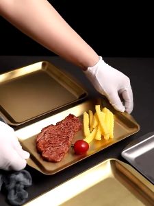 Đĩa chữ nhật inox mạ vàng đựng thức ăn  trang trí  trưng bày phong cách Hàn Quốc