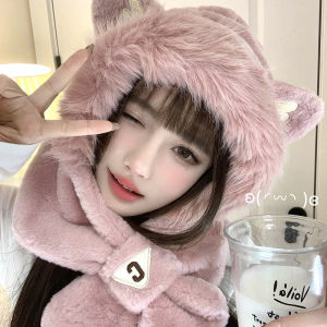 Cat Ears Plush Bonnet Female Scarf Integrated Winter Thicken Thermal Cycling Earmuffs Hat Cold-Proof Ushanka