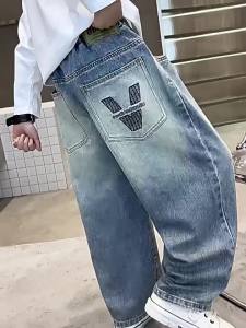 New Jeans for Kids Boys 7-16years old Straight Cut Jeans Denim Jeans Loose Pants for Teens Boys Wide Leg Trousers Baggy Pants New Embroidery Design Fashion Korean