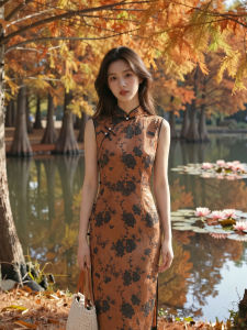 Vintage Orange Floral Breatheable Sleeveless Daily Qipao Dress