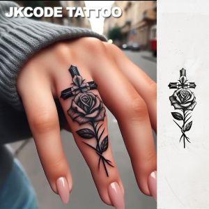 Valentines tattoo，Rose of the cross， Waterproof Realistic Fake Tattoos Botanical Face Tattoos Magic Tattoos Last 1-2 Weeks