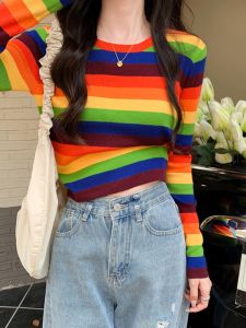 Rainbow Stripes Shoulder Long Sleeves Knitting T-shirt Female Fall and Winter New Arrival Niche Style Chic Silm Slim Looking Bottoming Shirt Tops
