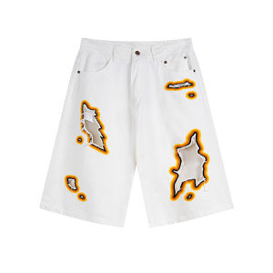 American Cleanfit Shorts Men and Women Retro Water Washed Hole Embroider Niche Design Loose Denim Shorts