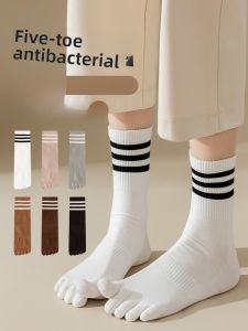 JINGCHI | Antibacterial Pure Cotton Five-Finger Yoga Socks Womens Mid-Calf Separate Toe Sports socks Spring Autumn Style Simple Striped