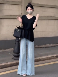 YUEZHONGWEI | Slim Fit V-Neck Ice Silk Knitwear Short Sleeve Womens Summer Waist-Cinching Design Half Sleeve Top Fashionable Commute Style