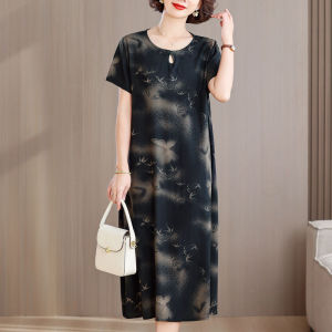 ชุดนอนผู้หญิงผ้าไหมคอตตอนฤดูร้อน ชุดนอนแขนสั้น กระโปรงยาวปานกลาง ชุดนอนฤดูร้อนสำหรับคุณแม่ไซส์ใหญ่ ชุดนอนผ้าฝ้าย