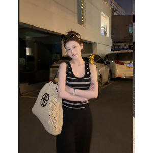 Black and White Stripes U Collar Ice Silk Knitting Camisole Womens Summer Outwear Silm American Sweet and Spicy Sleeveless Small Top