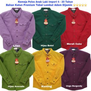 Kemeja Polos Panjang Anak Laki Import 5-20 Tahun Remaja Tanggung Hijau Lilac Merah Ungu Kuning Natal