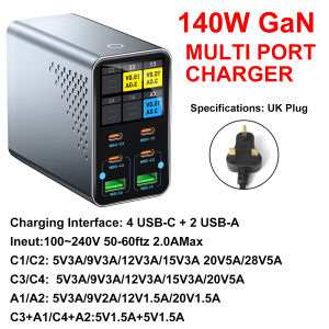 GaN Charger 6-IN-1 PD Multi-port charger USB Type C igital Display Fast Charging Station for Android iOS &PC Rapid Flash Charge