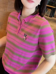 UYFY | Slimming Effect Polo Neck Short Sleeve T-Shirt Womens Summer New Design Embroidery Cat Knitwear Top Korean Style Commute Wind