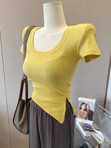 LUOFEN | Slim Fit Short Sleeve T-shirt Irregular Hem Yellow