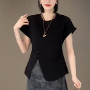 เสื้อยืดแขนสั้นผู้หญิงสไตล์จีนใหม่ ดีไซน์เก๋ไก๋ ผูกปม ทรงเข้ารูป สีสันสดใส แฟชั่นฤดูร้อน เสื้อผ้าทำงาน