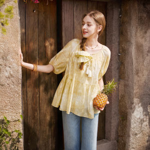 XIANGYING | Yellow Tye-dye Floral Shirt Women Summer to Fall New Style Bubble Sleeve Loose 1pc