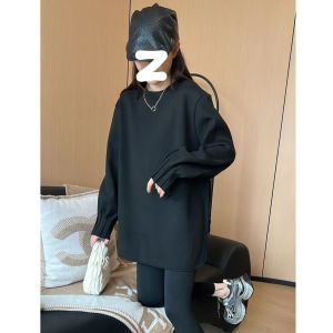 Comfortable Simple Womens Sweatshirt Lantern Sleeve Cotton Polyester Blend Long Sleeve round Neck Mid-Length Winter New Style